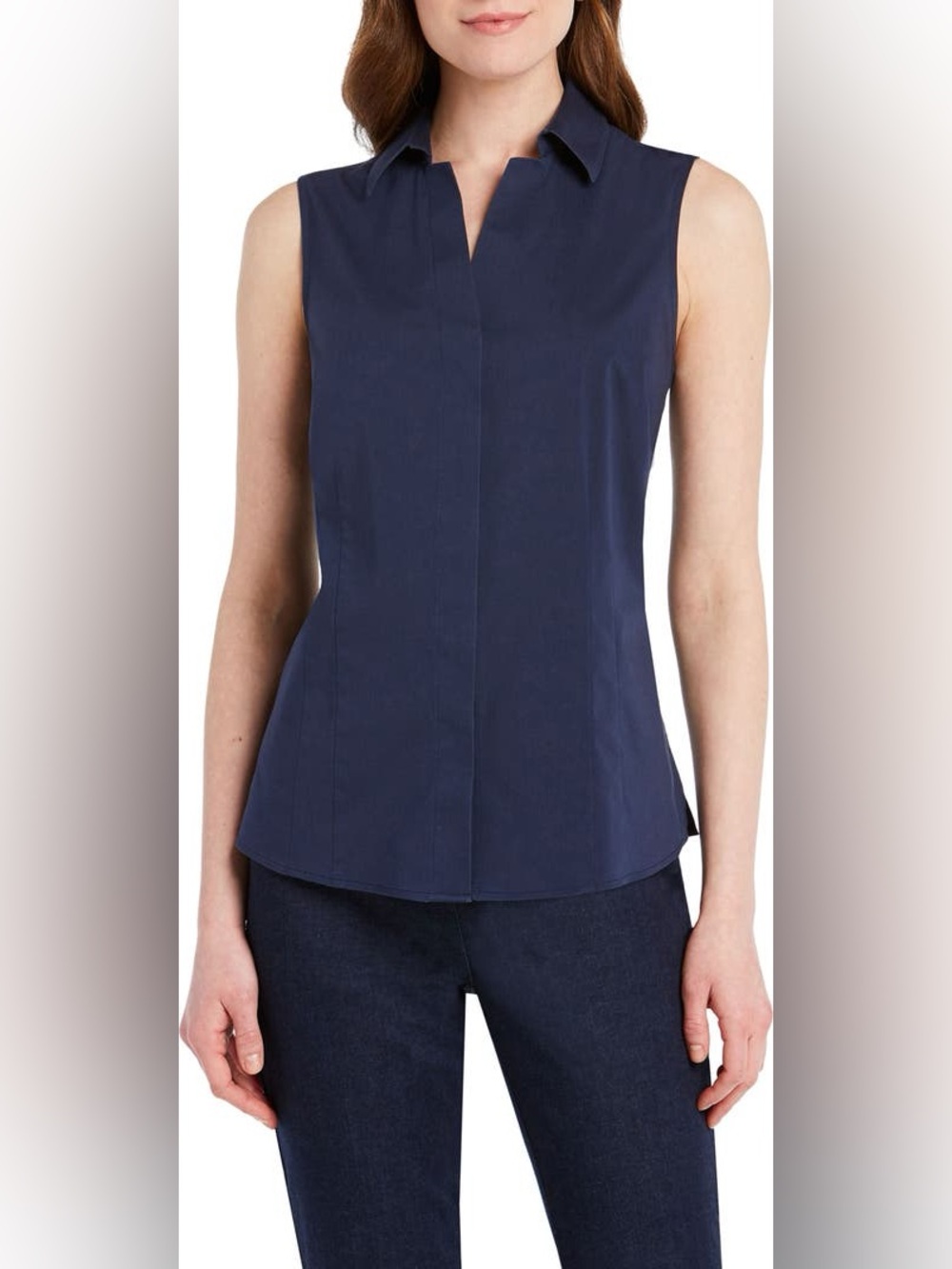 Foxcroft Navy Sleeveless Collared Blouse Non Iron